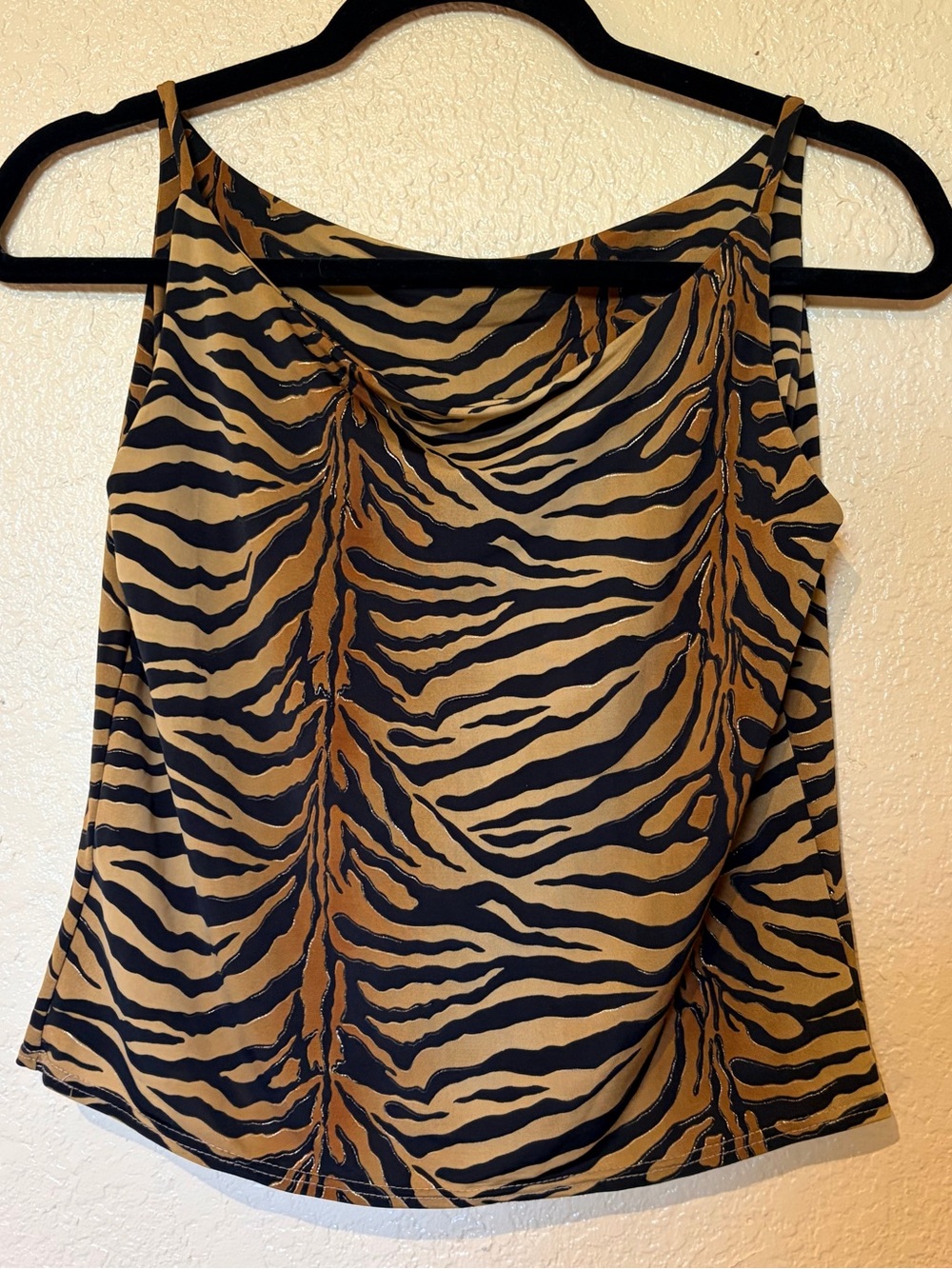 Women's Tiger-Print Cowl Neck Tank Top - Black & Brown